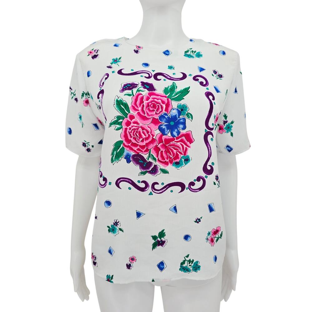 Gianna Women's 80s Keyhole Short Sleeve Top White Blue S